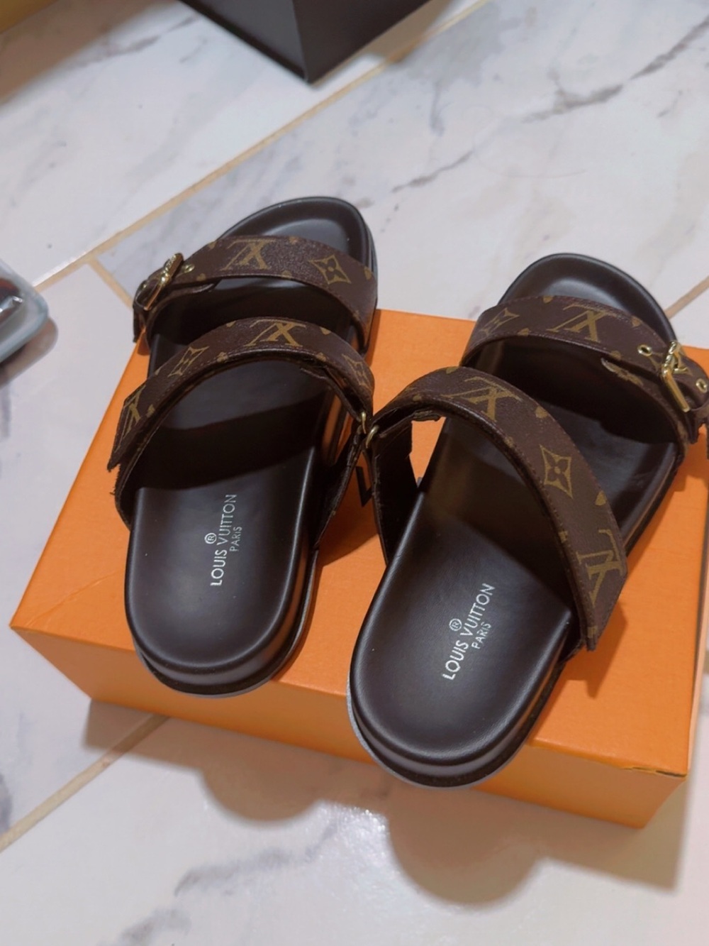 Louis Vuitton Monogram Double-Strap Slide Sandals - Brown/Gold